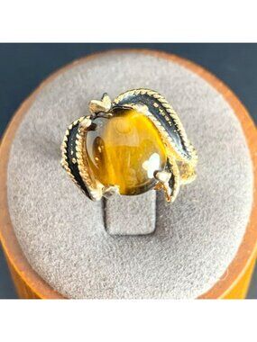 Tiger's Eye Leaf Design Border Ring Gold Over Sterling Silver 925 Size 6.75